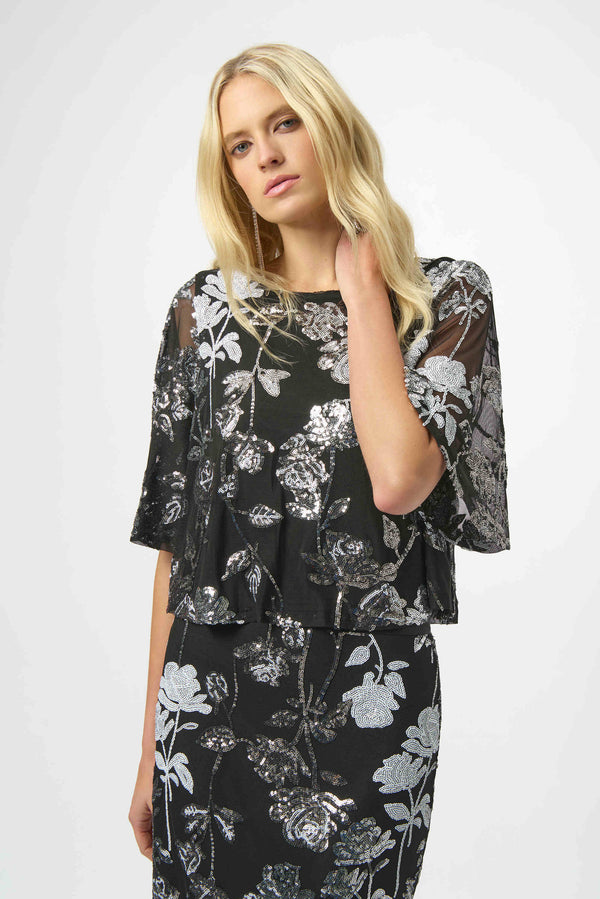 Joseph Ribkoff Sequin Embroidered Floral Print Boxy Top 254181 Black/Multi