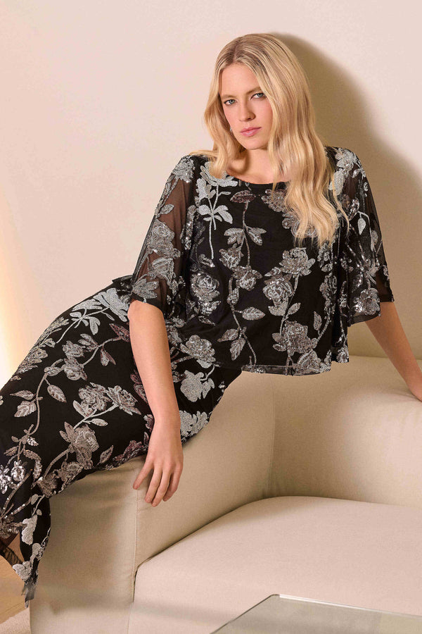 Joseph Ribkoff Sequin Embroidered Floral Print Boxy Top 254181 Black/Multi