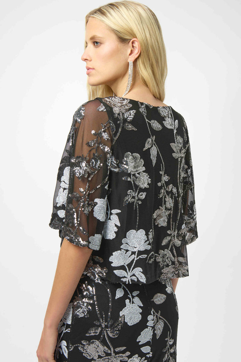 Joseph Ribkoff Sequin Embroidered Floral Print Boxy Top 254181 Black/Multi