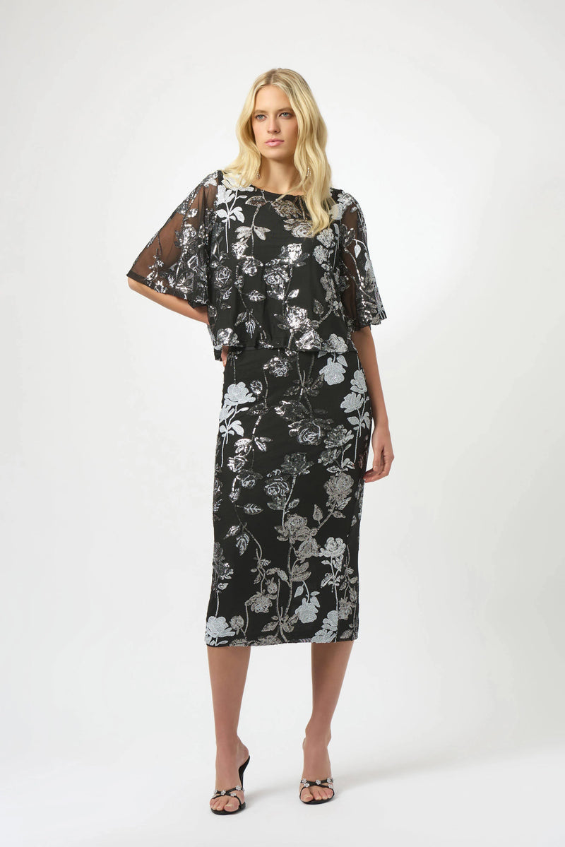 Joseph Ribkoff Sequin Embroidered Floral Print Boxy Top 254181 Black/Multi