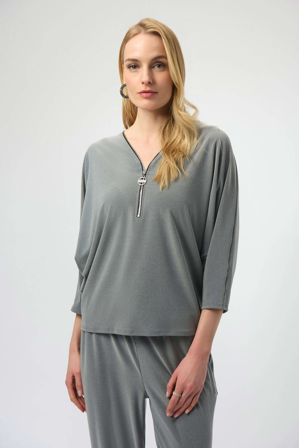 Joseph Ribkoff Melange Silky Knit Boxy Top with Zipper Detail 254205 Grey Melange