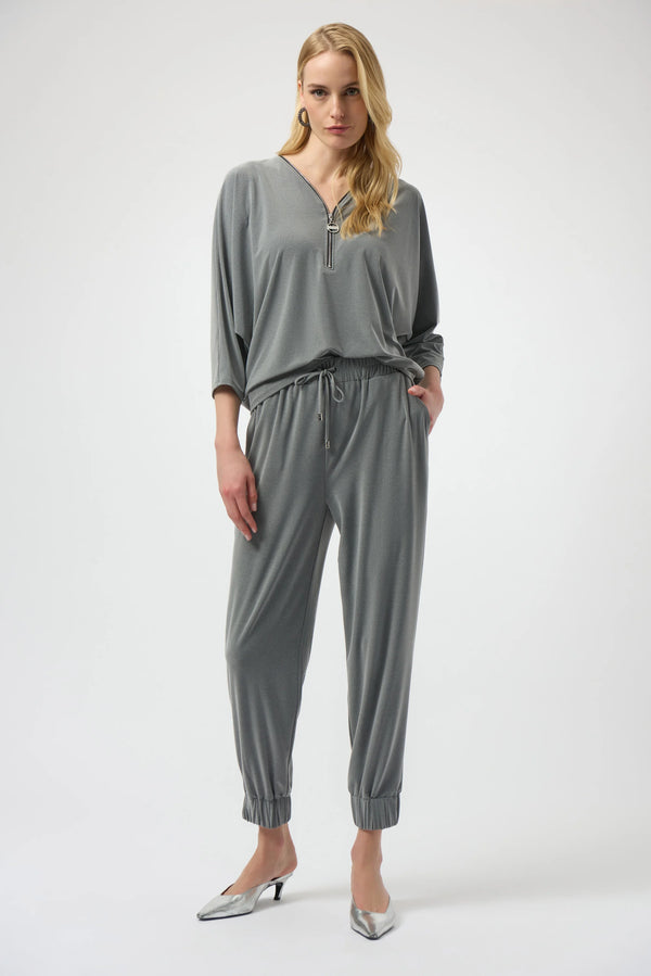 Joseph Ribkoff Melange Silky Knit Boxy Top with Zipper Detail 254205 Grey Melange
