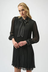 Joseph Ribkoff Pleated Chiffon Aline Dress with Necktie 254902 Black