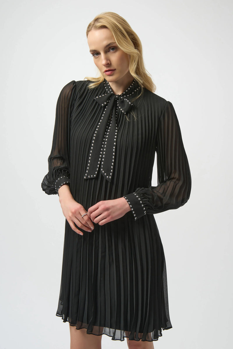 Joseph Ribkoff Pleated Chiffon Aline Dress with Necktie 254902 Black
