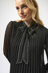 Joseph Ribkoff Pleated Chiffon Aline Dress with Necktie 254902 Black