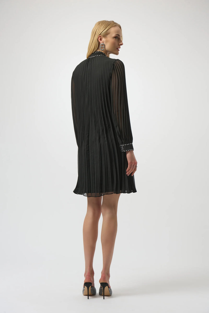 Joseph Ribkoff Pleated Chiffon Aline Dress with Necktie 254902 Black
