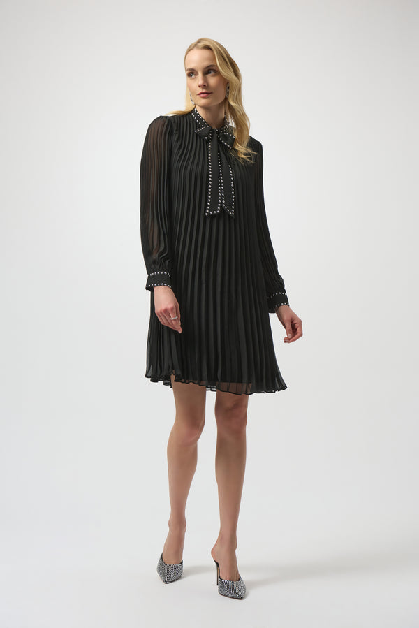 Joseph Ribkoff Pleated Chiffon Aline Dress with Necktie 254902 Black