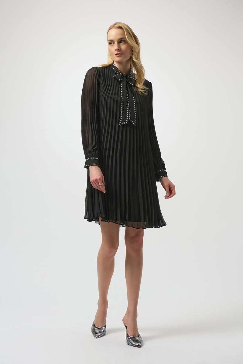Joseph Ribkoff Pleated Chiffon Aline Dress with Necktie 254902 Black
