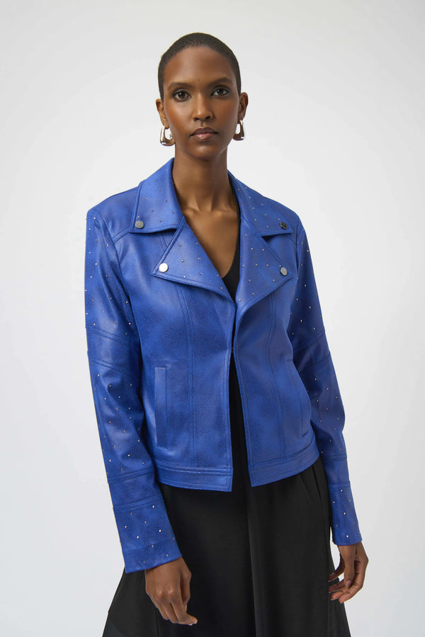 Joseph Ribkoff Foiled Faux Suede Fitted Jacket with Rhinestones 254904 Royal Sapphire