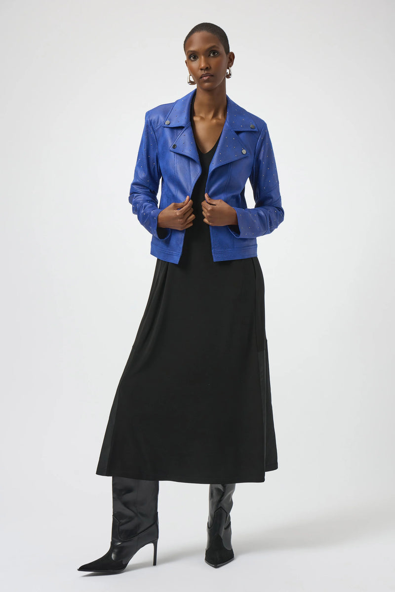 Joseph Ribkoff Foiled Faux Suede Fitted Jacket with Rhinestones 254904 Royal Sapphire