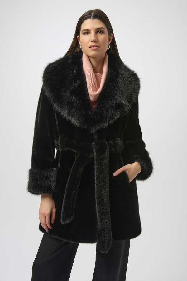Joseph Ribkoff Faux Fur Shawl Collar Fitted Coat 254907 Black