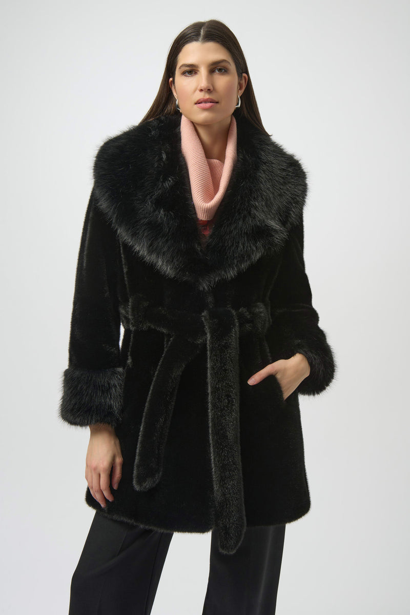 Joseph Ribkoff Faux Fur Shawl Collar Fitted Coat 254907 Black