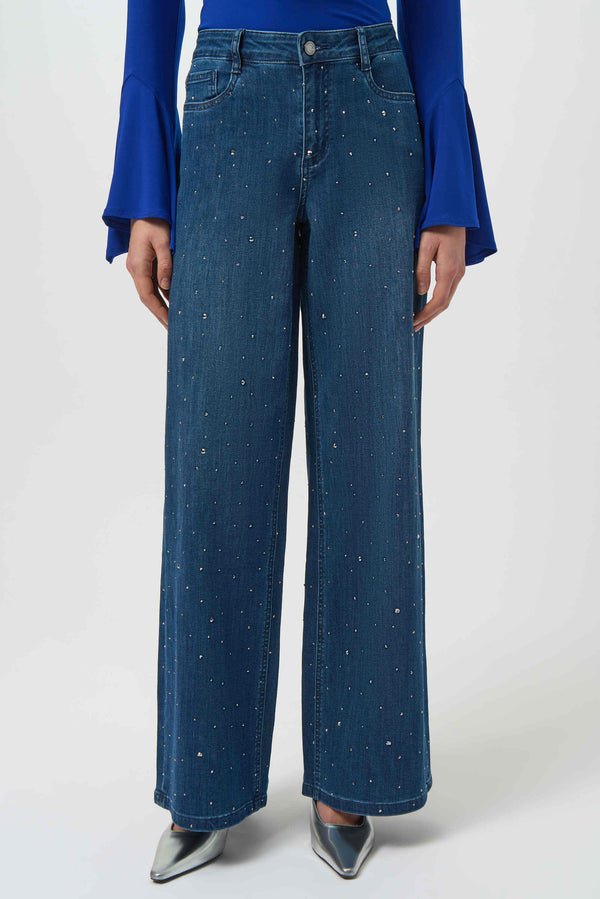 Joseph Ribkoff Classic Wide Leg Jeans with Rhinestones 254921 Denim Medium Blue