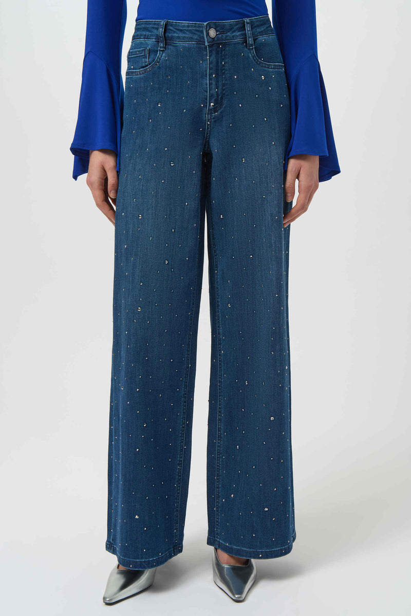 Joseph Ribkoff Classic Wide Leg Jeans with Rhinestones 254921 Denim Medium Blue