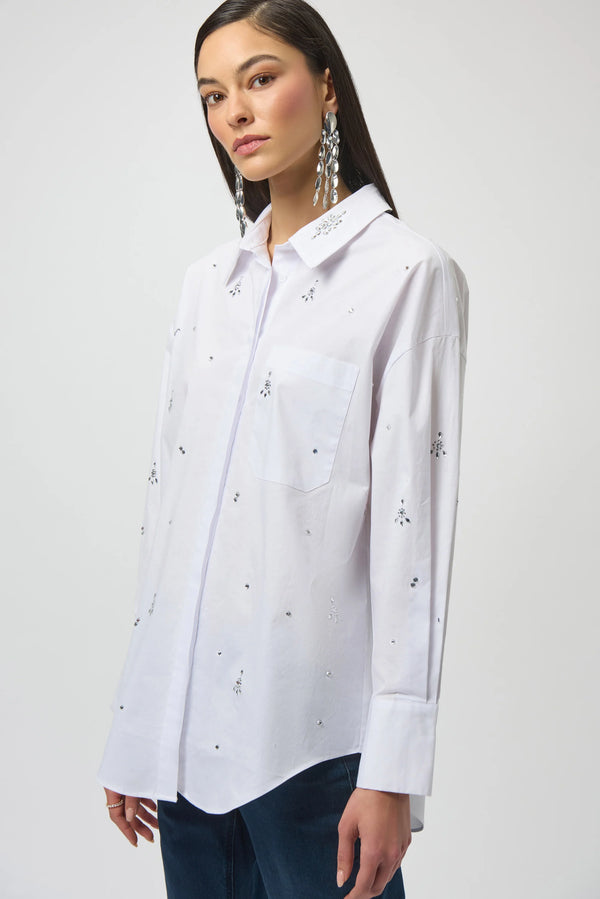 Joseph Ribkoff Stretch Poplin Boxy Blouse with Rhinestones 254924 White