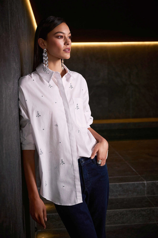 Joseph Ribkoff Stretch Poplin Boxy Blouse with Rhinestones 254924 White