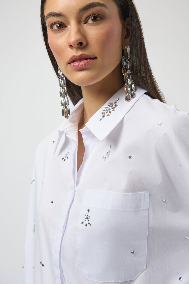 Joseph Ribkoff Stretch Poplin Boxy Blouse with Rhinestones 254924 White