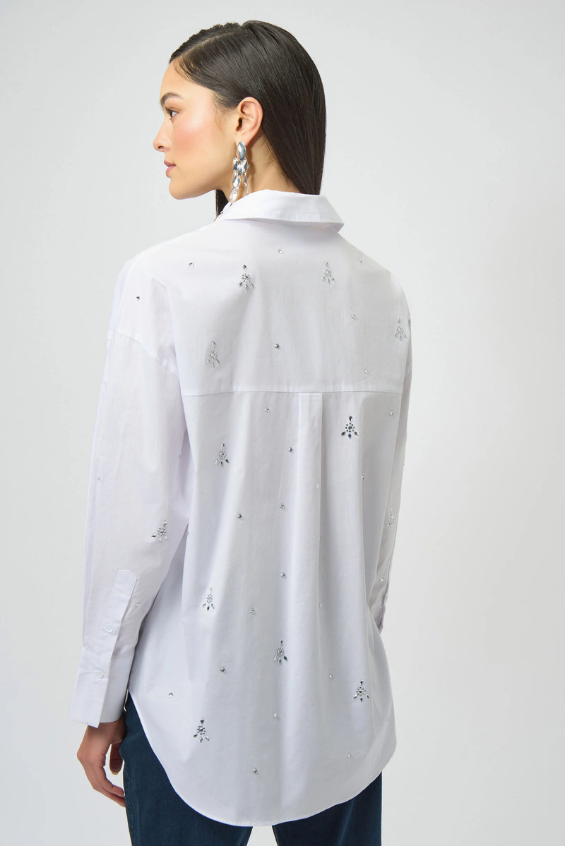 Joseph Ribkoff Stretch Poplin Boxy Blouse with Rhinestones 254924 White