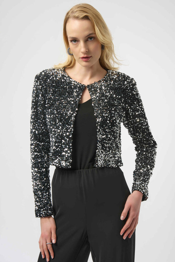 Joseph Ribkoff Sequined Velvet Cropped Cover-Up 254930 Black/Silver