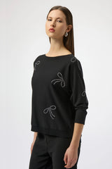 Joseph Ribkoff Sweater Knit Pullover with Iron-On Bow Detail 254950 Black