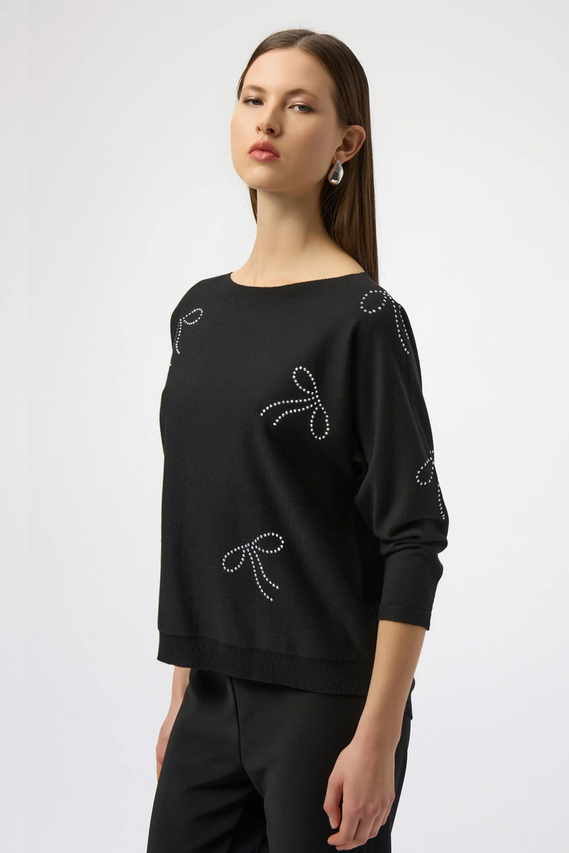 Joseph Ribkoff Sweater Knit Pullover with Iron-On Bow Detail 254950 Black