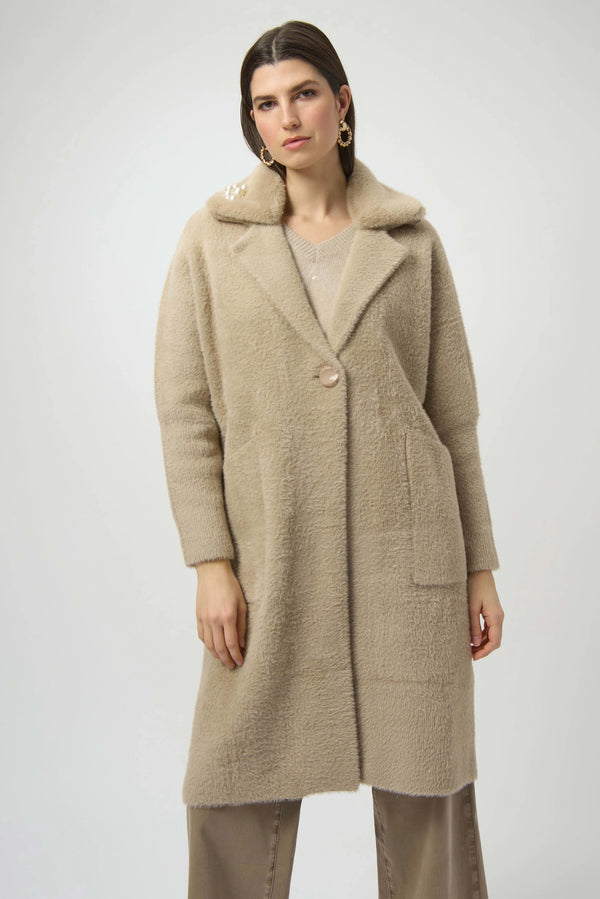 Joseph Ribkoff Feather Yarn and Faux Fur Sweater Coat 254954 Fawn