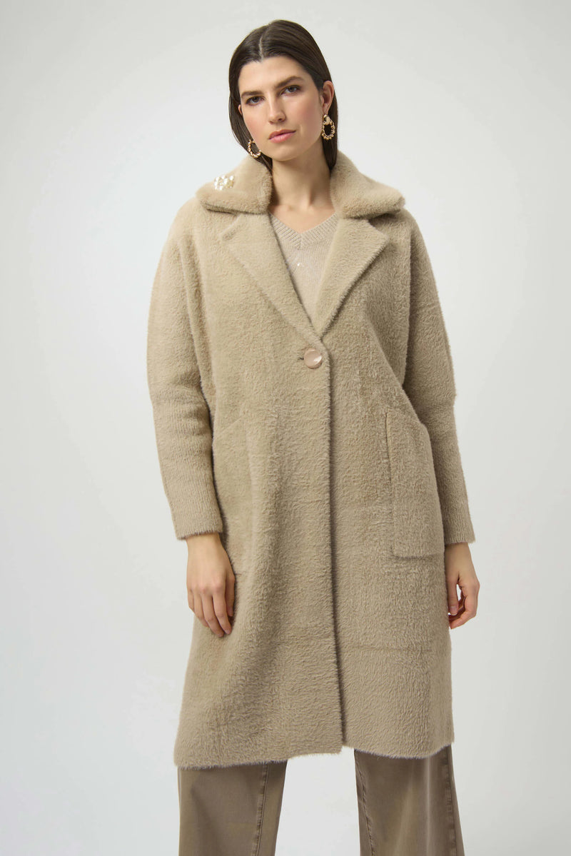 Joseph Ribkoff Feather Yarn and Faux Fur Sweater Coat 254954 Fawn