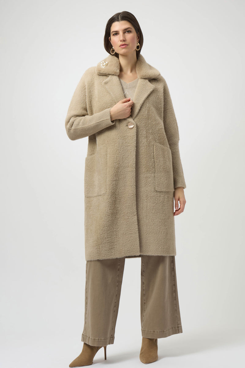 Joseph Ribkoff Feather Yarn and Faux Fur Sweater Coat 254954 Fawn