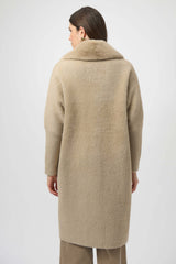 Joseph Ribkoff Feather Yarn and Faux Fur Sweater Coat 254954 Fawn