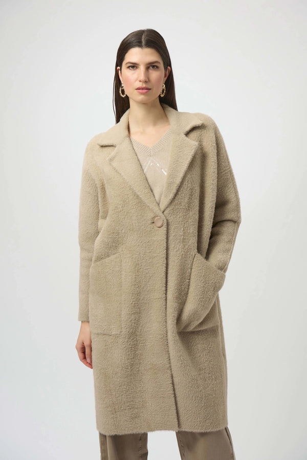 Joseph Ribkoff Feather Yarn and Faux Fur Sweater Coat 254954 Fawn
