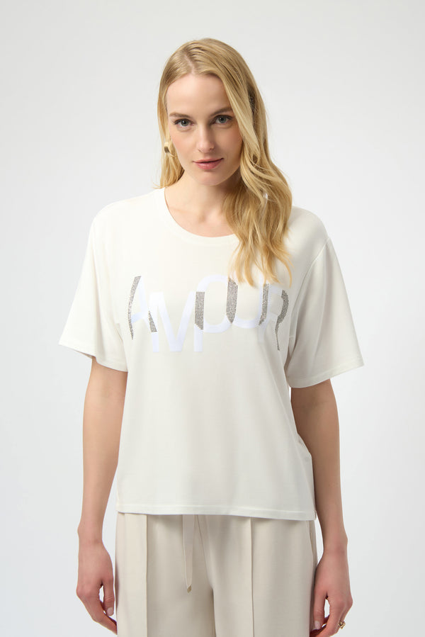 Joseph Ribkoff Amour Knit T-Shirt with Rhinestone Detail 254958 Winter White