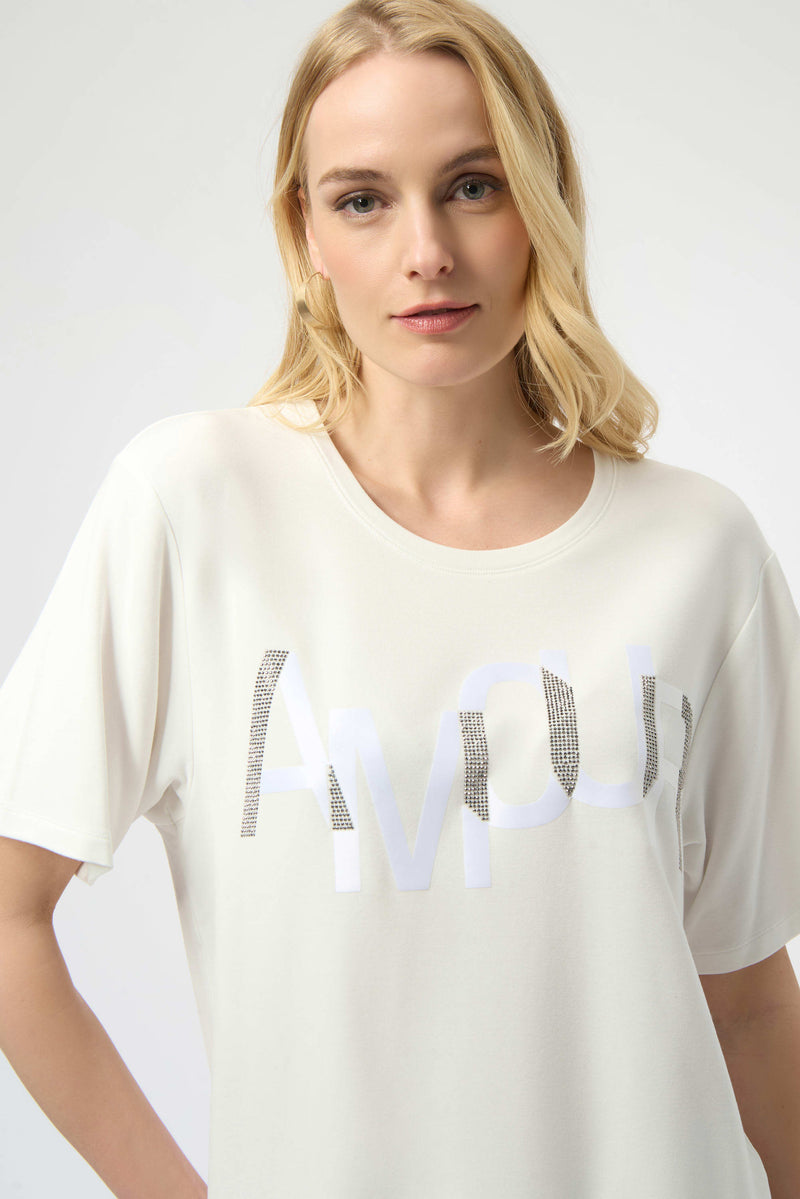Joseph Ribkoff Amour Knit T-Shirt with Rhinestone Detail 254958 Winter White