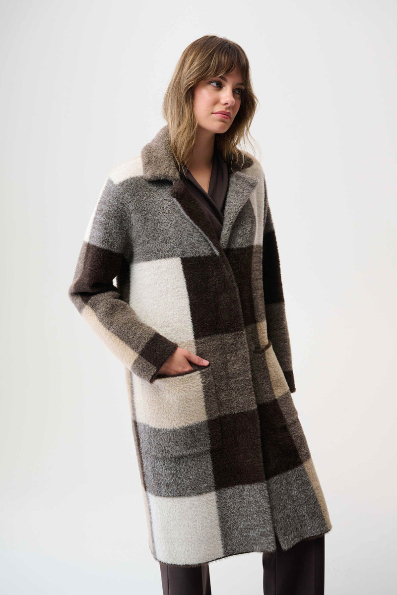 Joseph Ribkoff Feather Yarn Abstract Print Sweater Coat 254975 Mocha/Multi