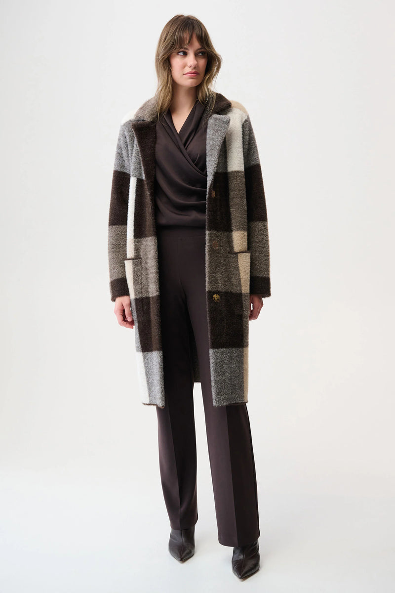 Joseph Ribkoff Feather Yarn Abstract Print Sweater Coat 254975 Mocha/Multi