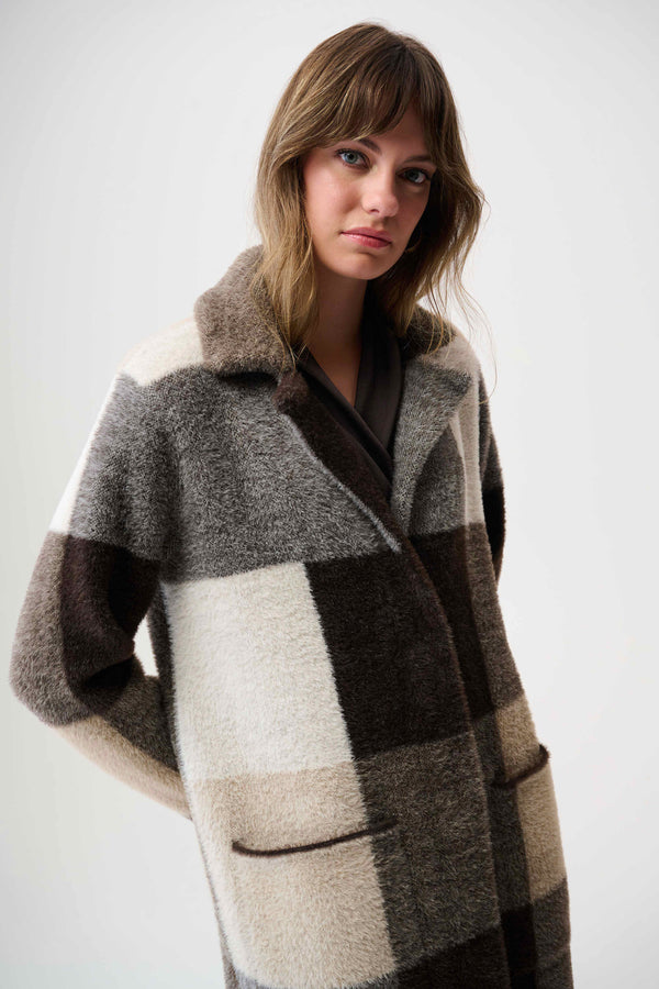Joseph Ribkoff Feather Yarn Abstract Print Sweater Coat 254975 Mocha/Multi
