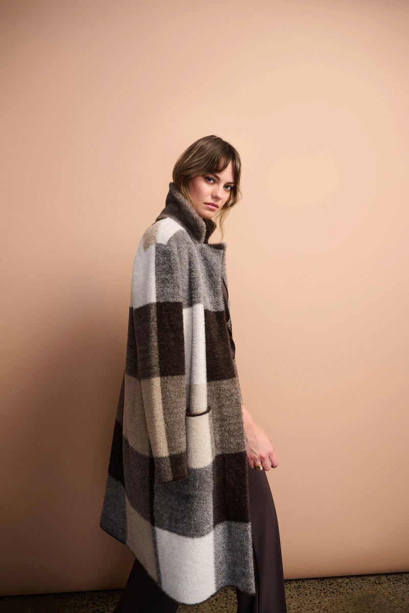 Joseph Ribkoff Feather Yarn Abstract Print Sweater Coat 254975 Mocha/Multi
