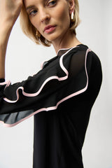 Joseph Ribkoff  Silky Knit Top with Chiffon Ruffled Sleeves 261009 Black/Petal Pink