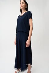 Joseph Ribkoff Silky Knit Color Block Wide Leg Culotte Jumpsuit 261012 Midnight Blue/Vanilla