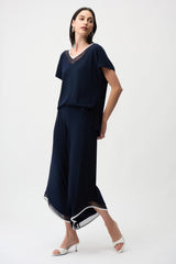Joseph Ribkoff Silky Knit Color Block Wide Leg Culotte Jumpsuit 261012 Midnight Blue/Vanilla