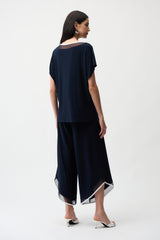 Joseph Ribkoff Silky Knit Color Block Wide Leg Culotte Jumpsuit 261012 Midnight Blue/Vanilla
