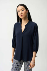 Joseph Ribkoff Woven Twill Boxy Top with Mandarin Collar 261076 Midnight Blue