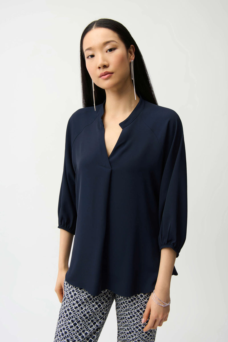 Joseph Ribkoff Woven Twill Boxy Top with Mandarin Collar 261076 Midnight Blue