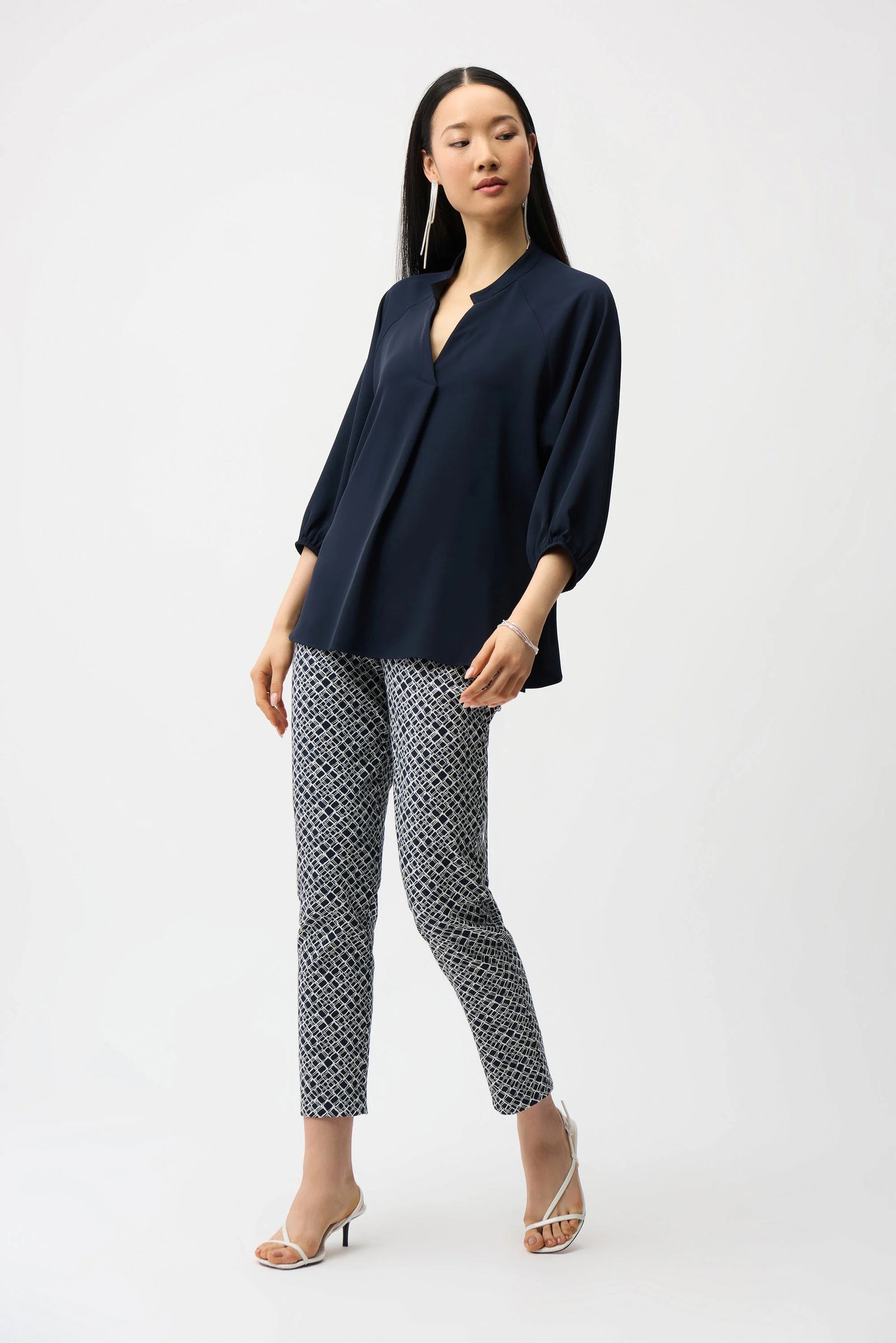 Joseph Ribkoff Woven Twill Boxy Top with Mandarin Collar 261076