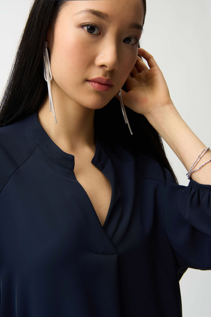 Joseph Ribkoff Woven Twill Boxy Top with Mandarin Collar 261076 Midnight Blue