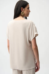 Joseph Ribkoff Pleated Satin Boxy Top with Silky Knit Back 261160 Moonstone