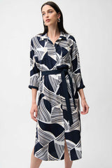 Joseph Ribkoff Satin Back Crepe Geometric Print Shirt Dress with Sash 261257 Vanilla/Multi