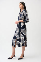 Joseph Ribkoff Satin Back Crepe Geometric Print Shirt Dress with Sash 261257 Vanilla/Multi