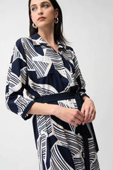 Joseph Ribkoff Satin Back Crepe Geometric Print Shirt Dress with Sash 261257 Vanilla/Multi