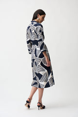 Joseph Ribkoff Satin Back Crepe Geometric Print Shirt Dress with Sash 261257 Vanilla/Multi