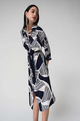 Joseph Ribkoff Satin Back Crepe Geometric Print Shirt Dress with Sash 261257 Vanilla/Multi